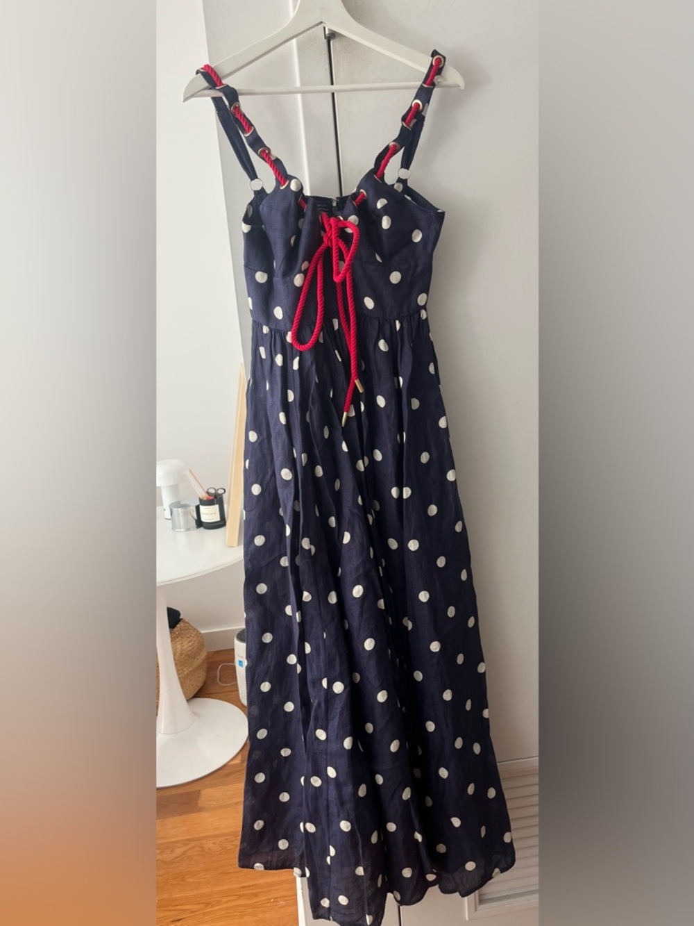 Zimmermann Navy Polka Dot Maxi Dress with Red Tie size 1